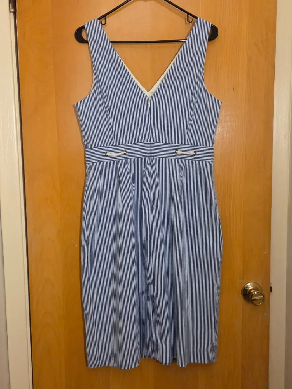 J Crew Sleeveless Midi Sheath Dress Womens 10 Blue Striped Nautical Coastal